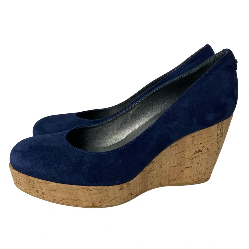 Stuart Weitzman Navy Suede Cork Wedge Pumps - Picture 3 of 11